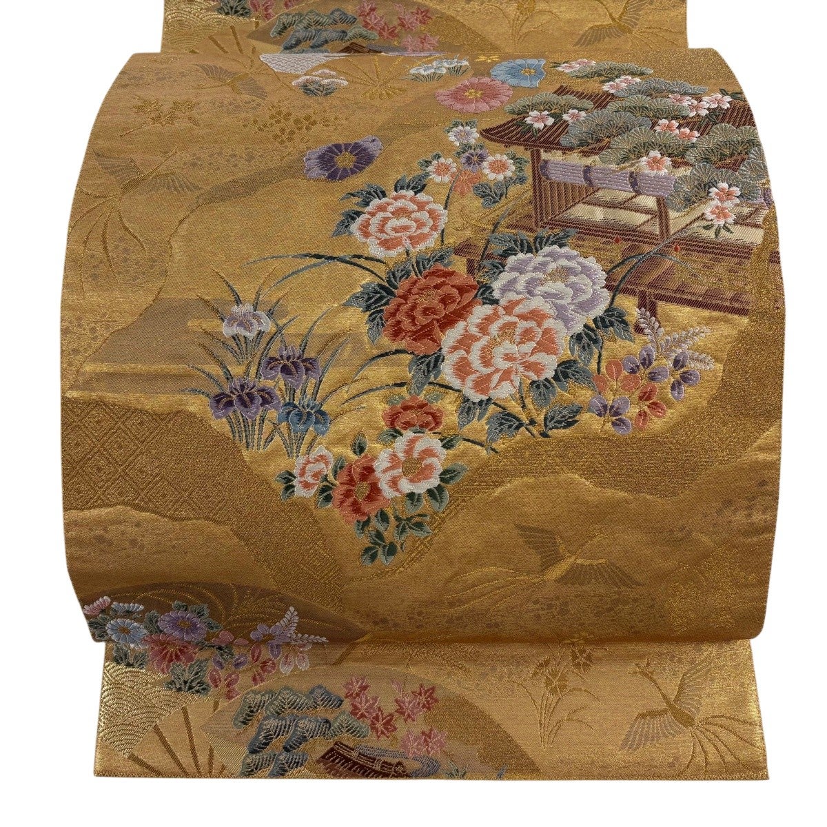 袋帯 逸品 長嶋成織物 落款あり 関西仕立て 瀞金錦 雅び音色 建物 牡丹