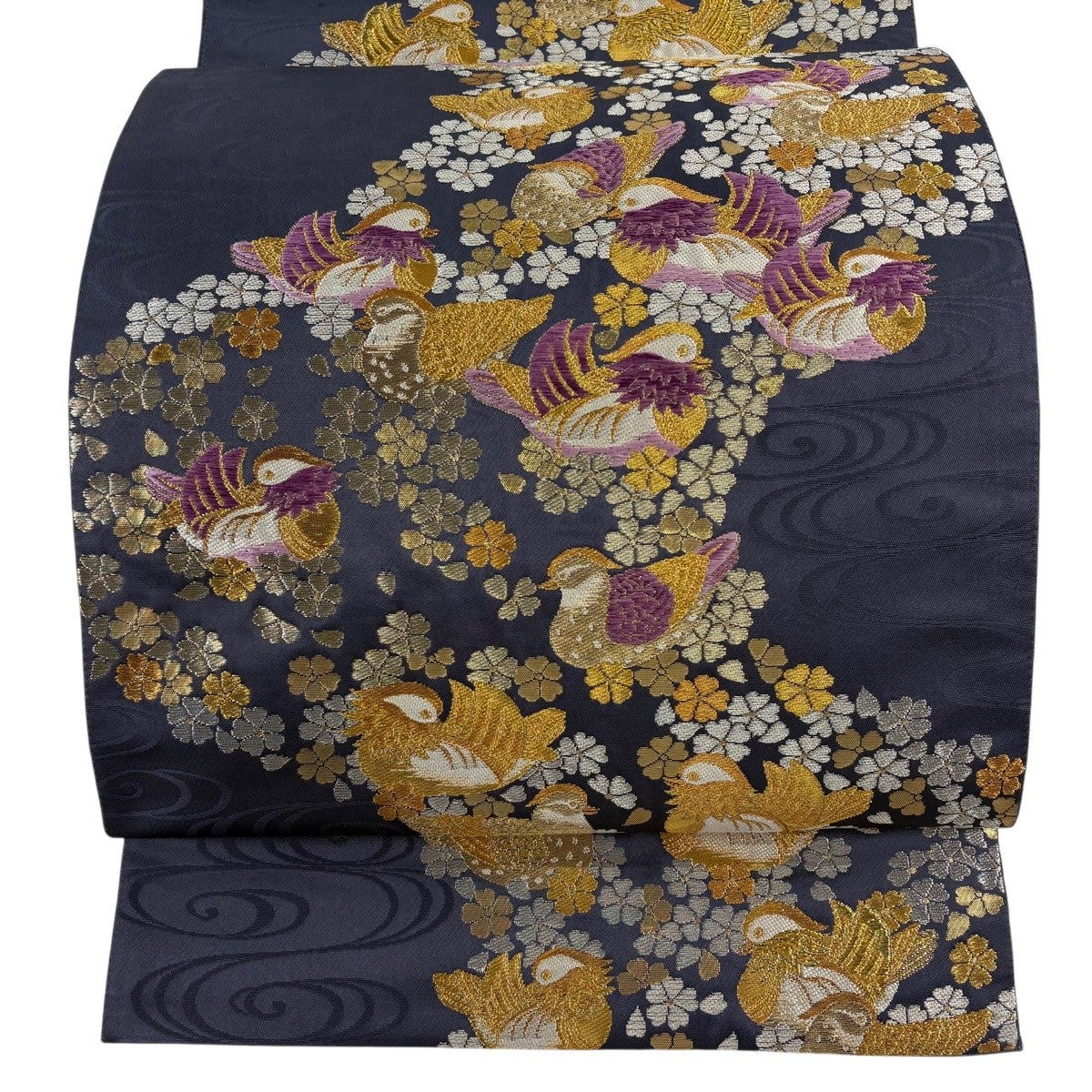 袋帯 逸品 じゅらく 落款あり 向かい鳥 華文 金糸 箔 青紫 お太鼓柄