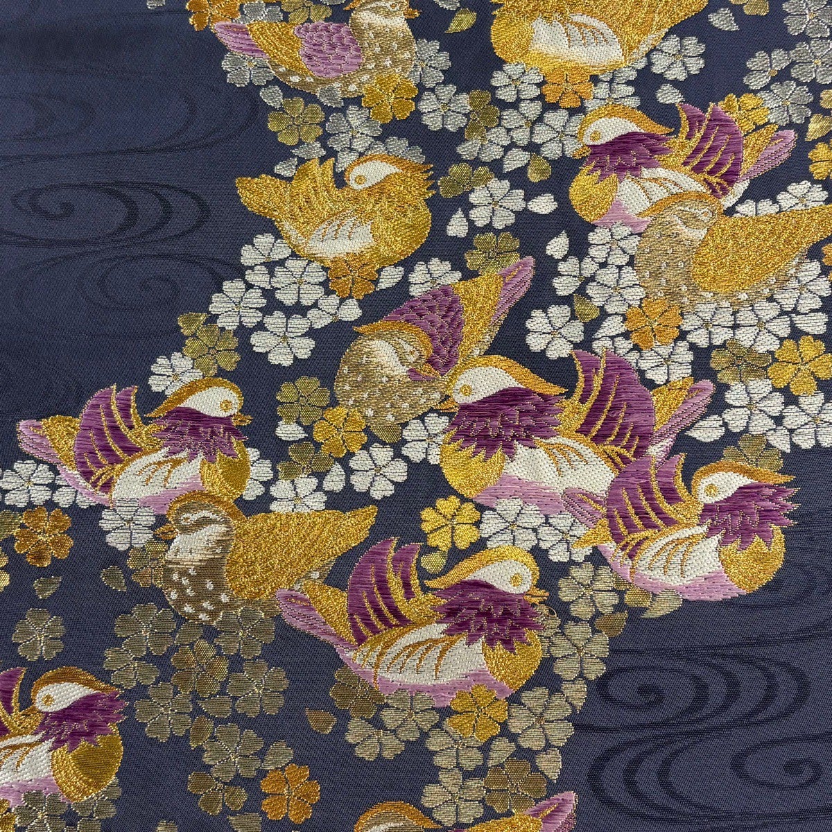 40%OFF 袋帯 逸品 じゅらく 落款あり 帝王紫 あけぼの繭 鴛鴦 桜 金糸