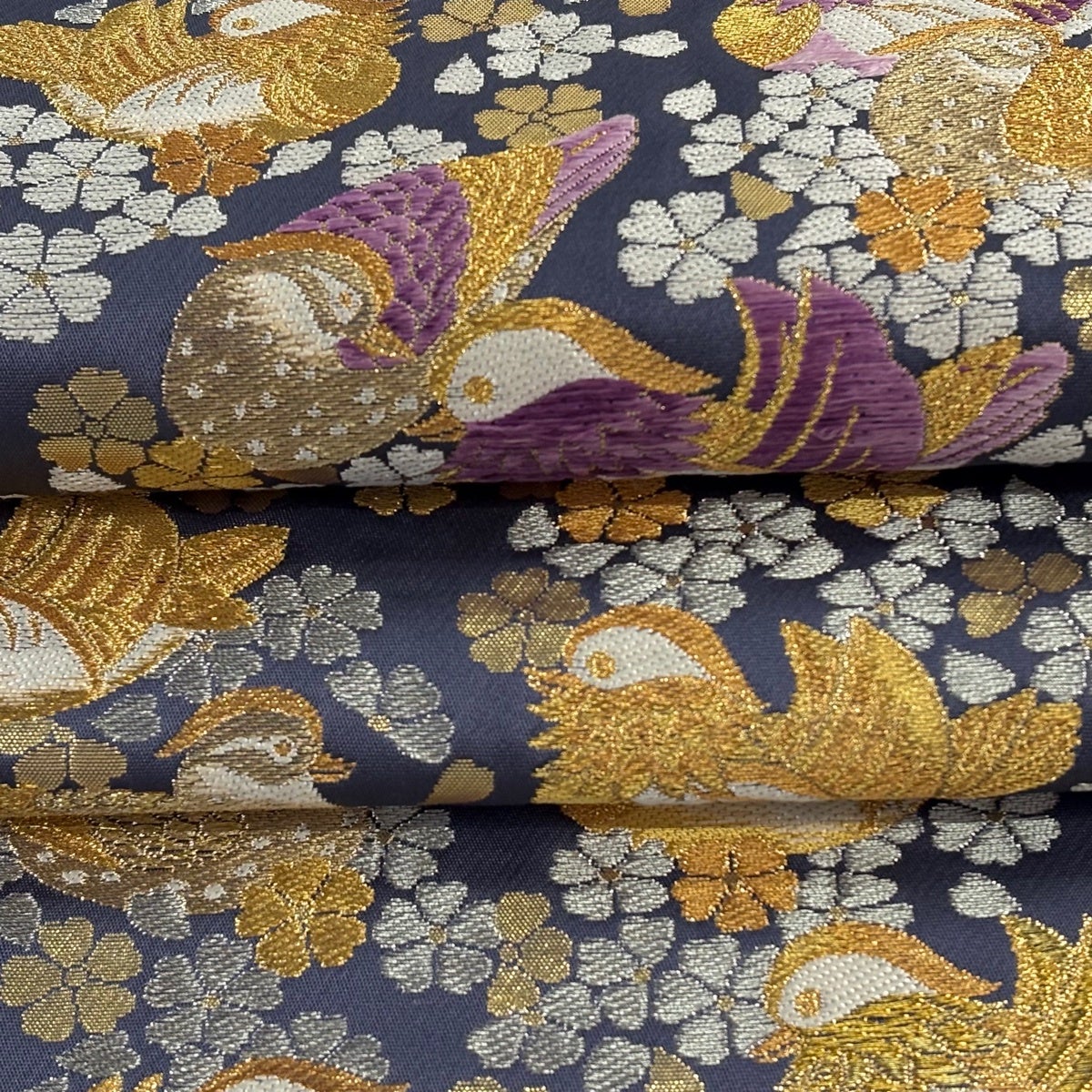 40%OFF 袋帯 逸品 じゅらく 落款あり 帝王紫 あけぼの繭 鴛鴦 桜 金糸