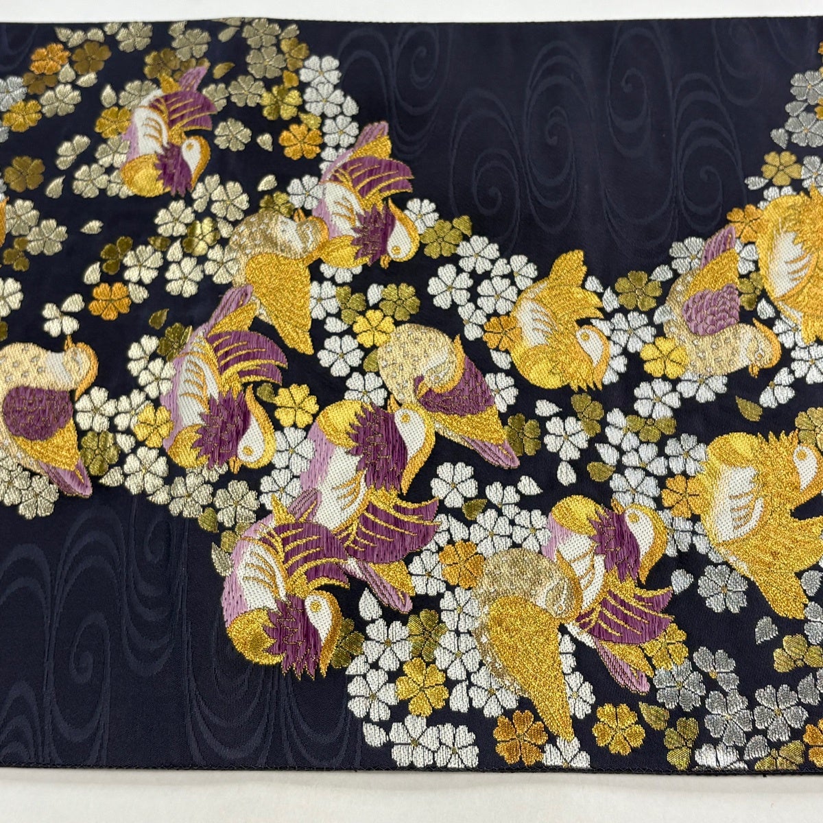 40%OFF 袋帯 逸品 じゅらく 落款あり 帝王紫 あけぼの繭 鴛鴦 桜 金糸