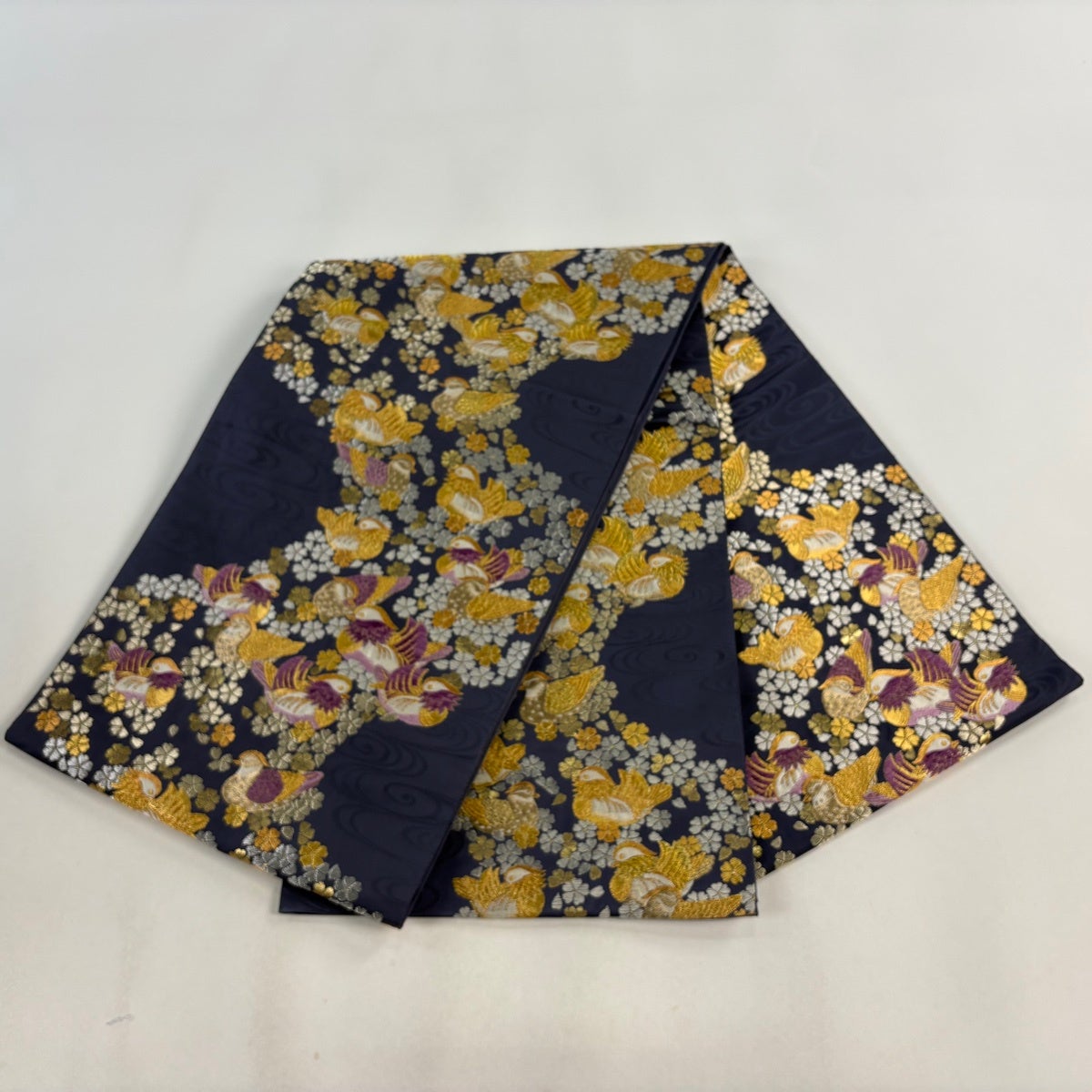 競ナビ】袋帯 美品 名品 落款 じゅらく 梅鴛鴦翔映文 箔 金糸 茶緑色 