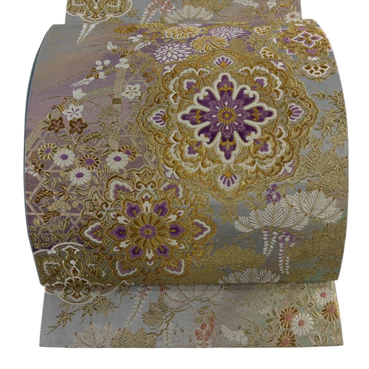 美品】 袋帯 逸品 じゅらく 落款あり じゅらく帝王紫 華文 草花 金銀糸