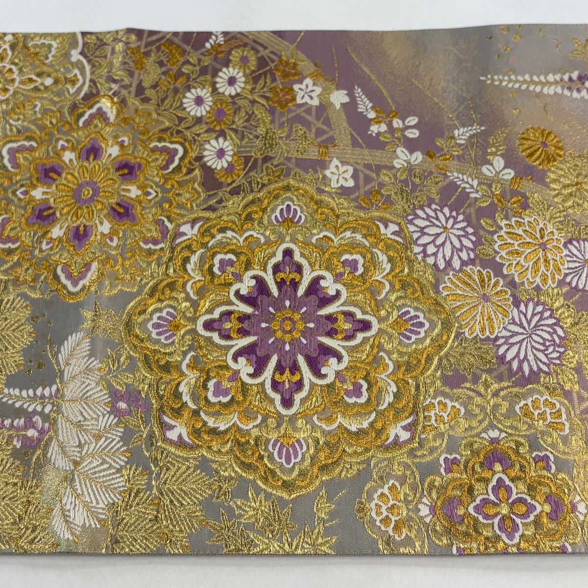 美品】 袋帯 逸品 じゅらく 落款あり じゅらく帝王紫 華文 草花 金銀糸