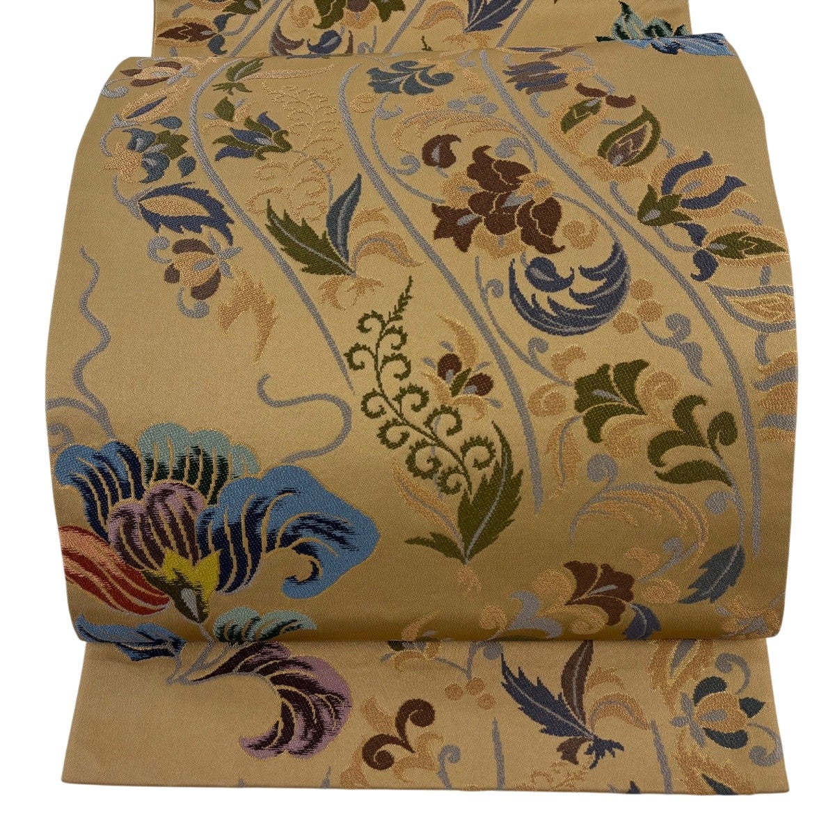 美品】 袋帯 逸品 白綾苑大庭 落款あり 草花 箔 薄茶色 お太鼓柄 正絹