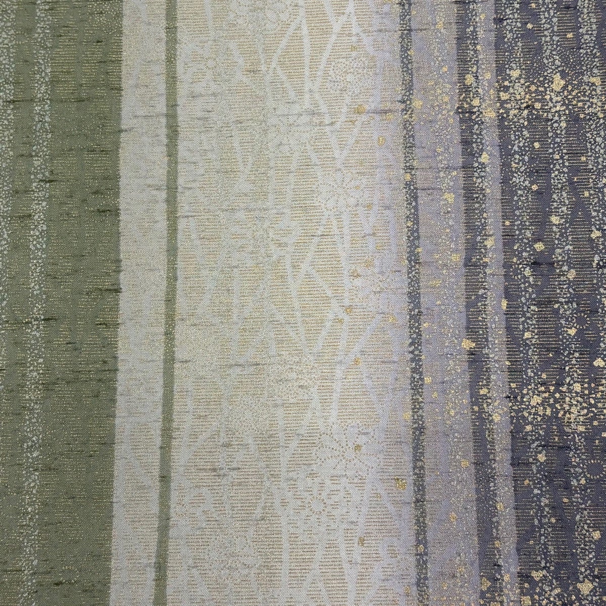 美品】 袋帯 逸品 落款あり 牛首紬地 花 縞 金銀彩 灰紫 全通 正絹