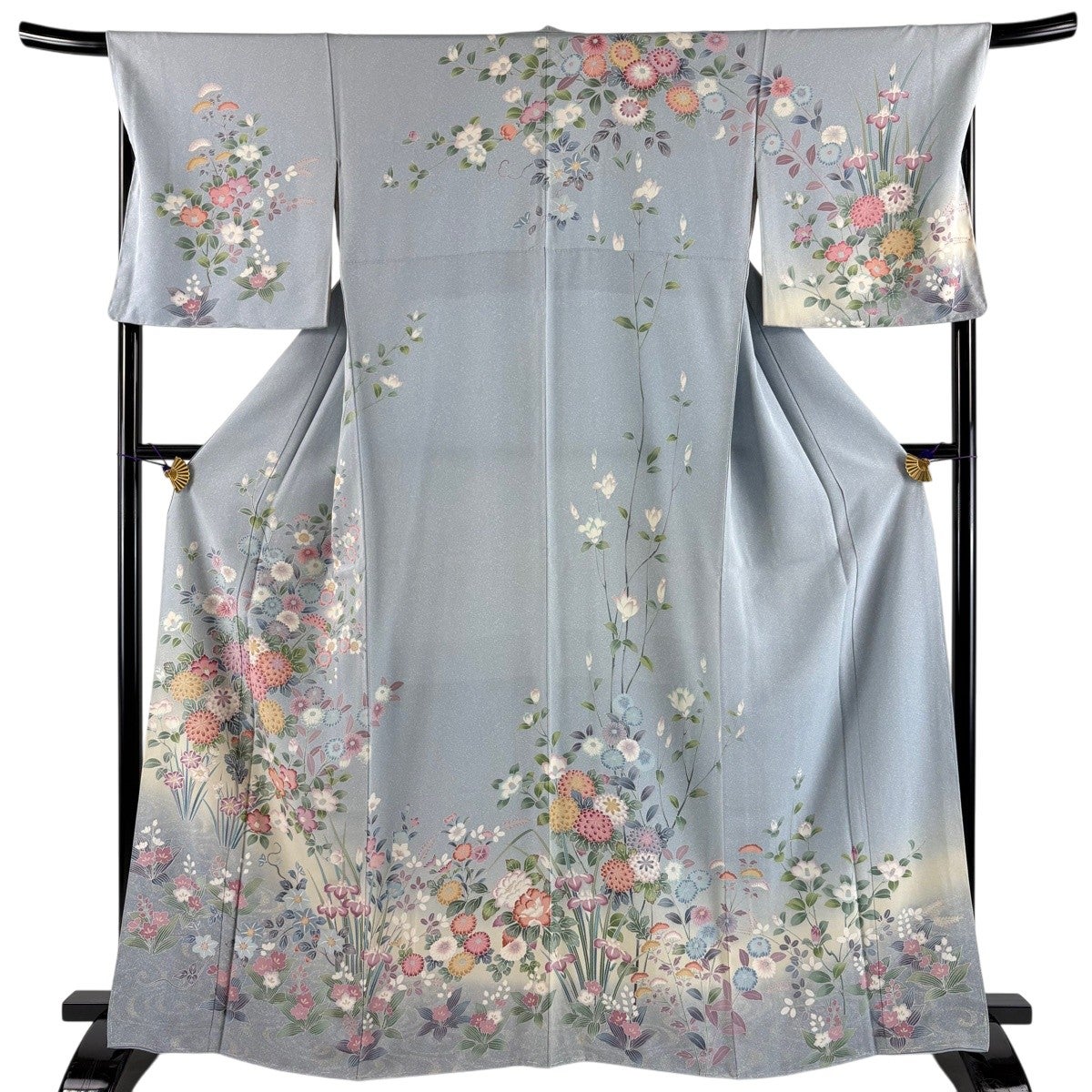 訪問着 身丈166cm 裄丈69cm L 袷 菊 椿 金彩 ぼかし 青灰色 正絹 名品