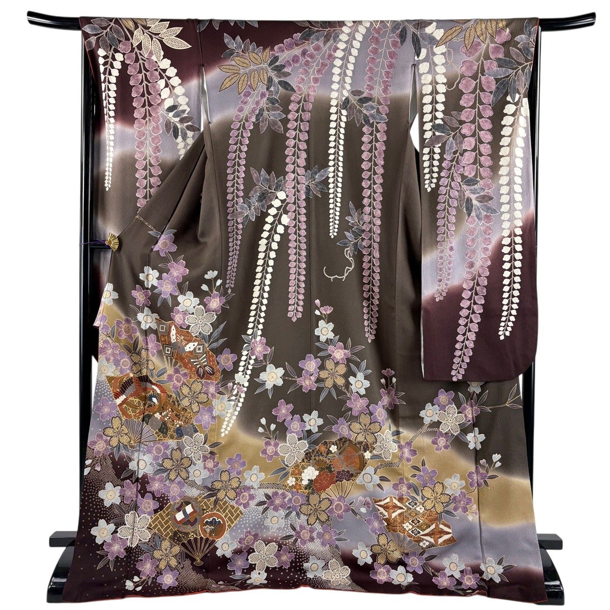 美品】 振袖 身丈174cm 裄丈65cm M 袷 扇 花鳥 金糸 金彩 茶紫 正絹
