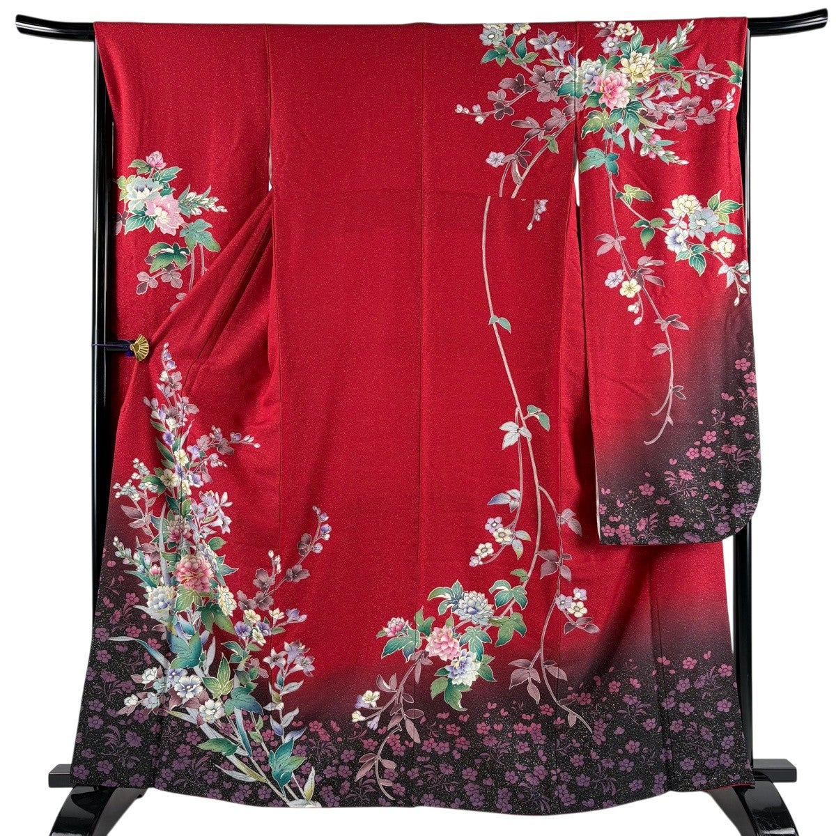 振袖 身丈162.5cm 裄丈65.5cm M 袷 枝花 銀通し 金彩 赤 正絹 名品