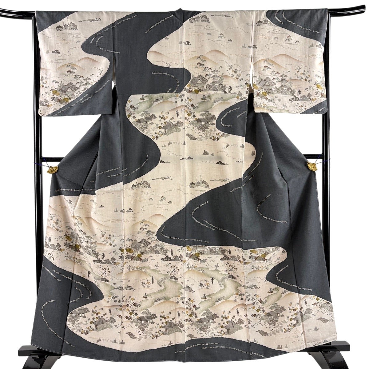 美品】 訪問着 身丈162cm 裄丈65.5cm M 袷 生紬地 風景 人物 灰色 正絹