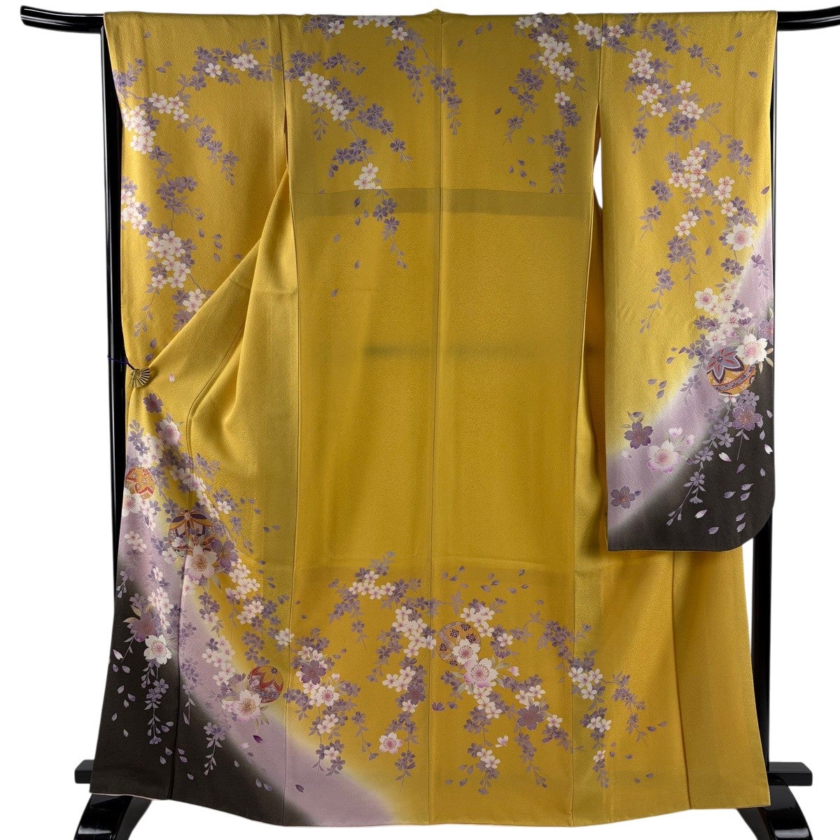 振袖 身丈167.5cm 裄丈66.5cm M 袷 手鞠 桜 箔 金彩 黄色 正絹 名品