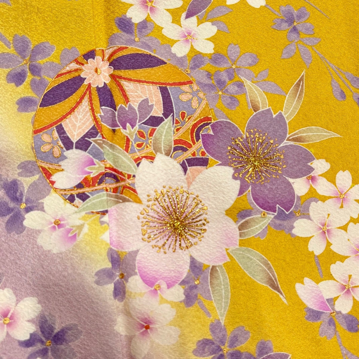振袖 身丈167.5cm 裄丈66.5cm M 袷 手鞠 桜 箔 金彩 黄色 正絹 名品
