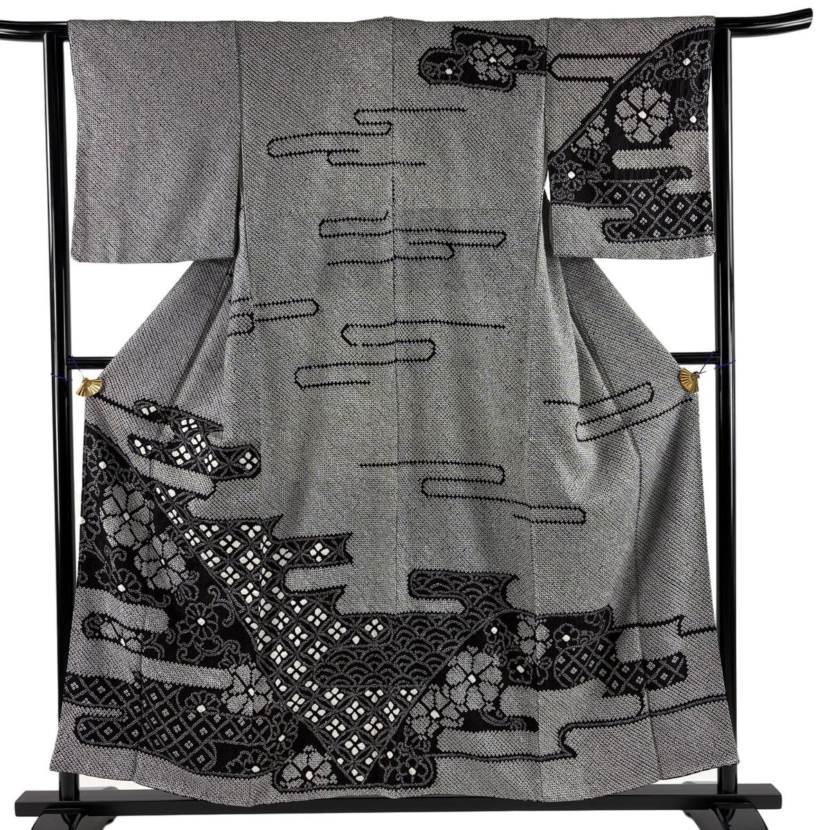 美品】 訪問着 身丈156cm 裄丈62.5cm S 袷 菊 七宝 絞り 黒 正絹 名品
