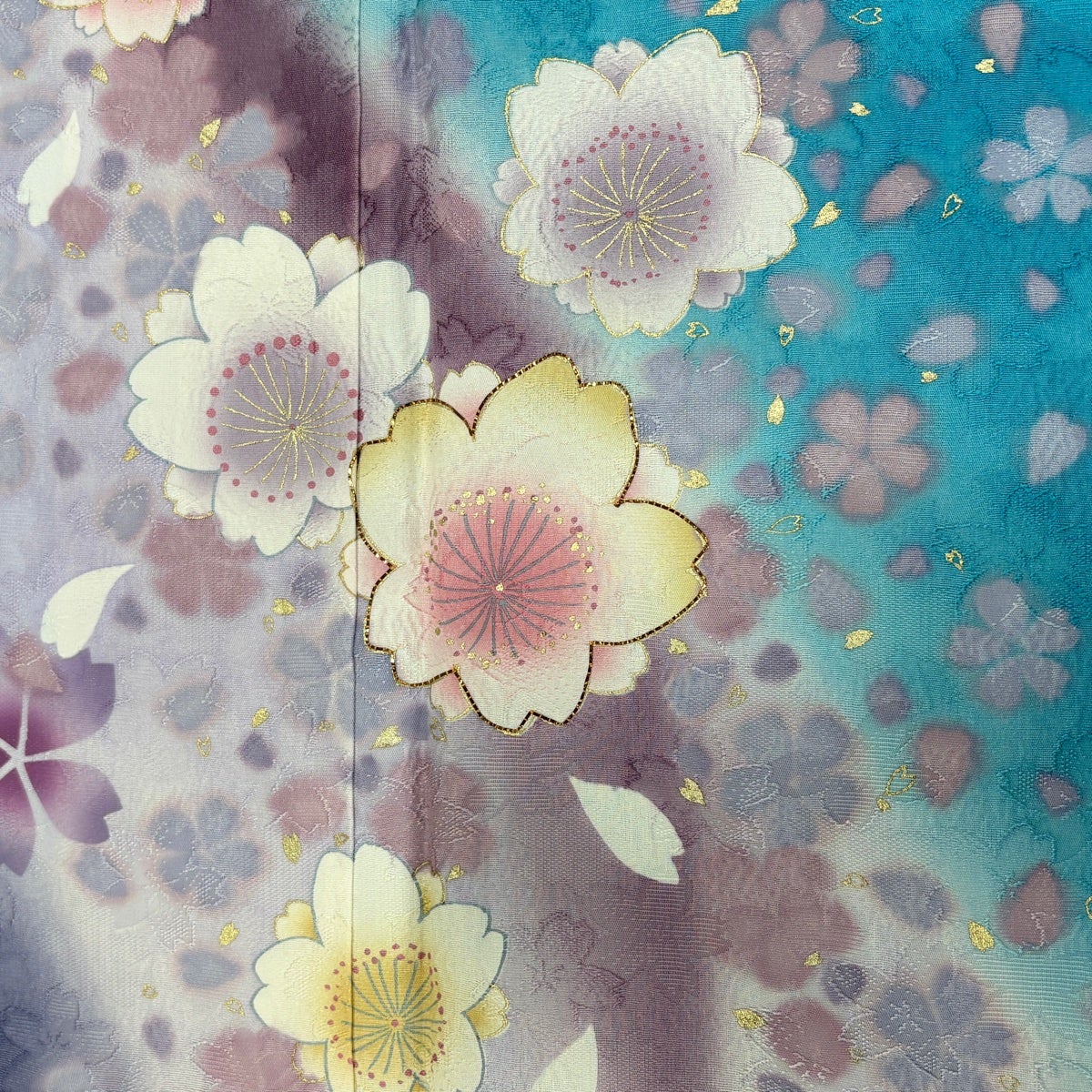 振袖 身丈175.5cm 裄丈72.5cm L 袷 桜 桜の花びら 金彩 箔 水色 正絹