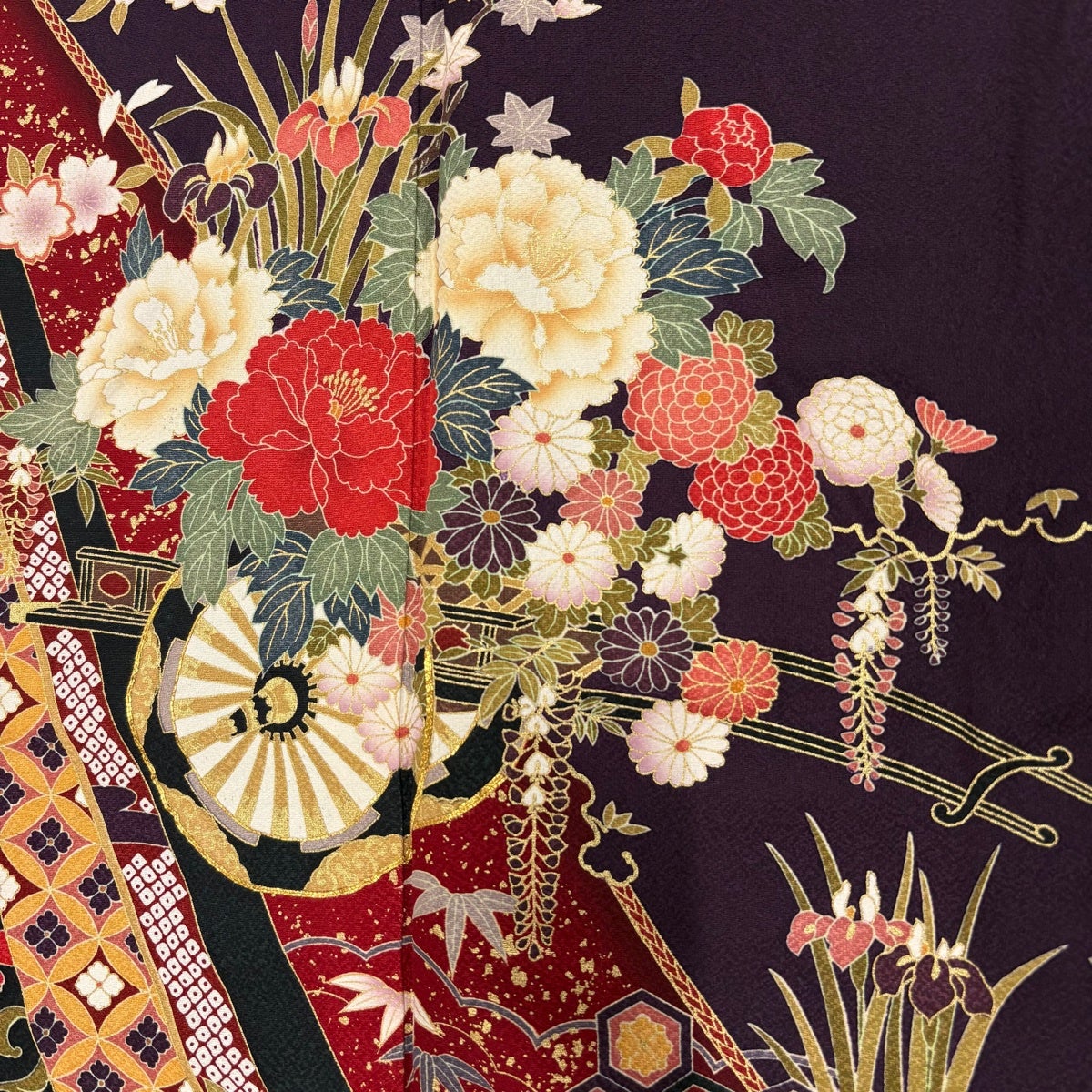 振袖　超美品　正絹　金糸刺繍　濃紫 美品 名古屋帯 秀品 京こばな 花扇 金糸 刺繍 濃紫 正絹 中古