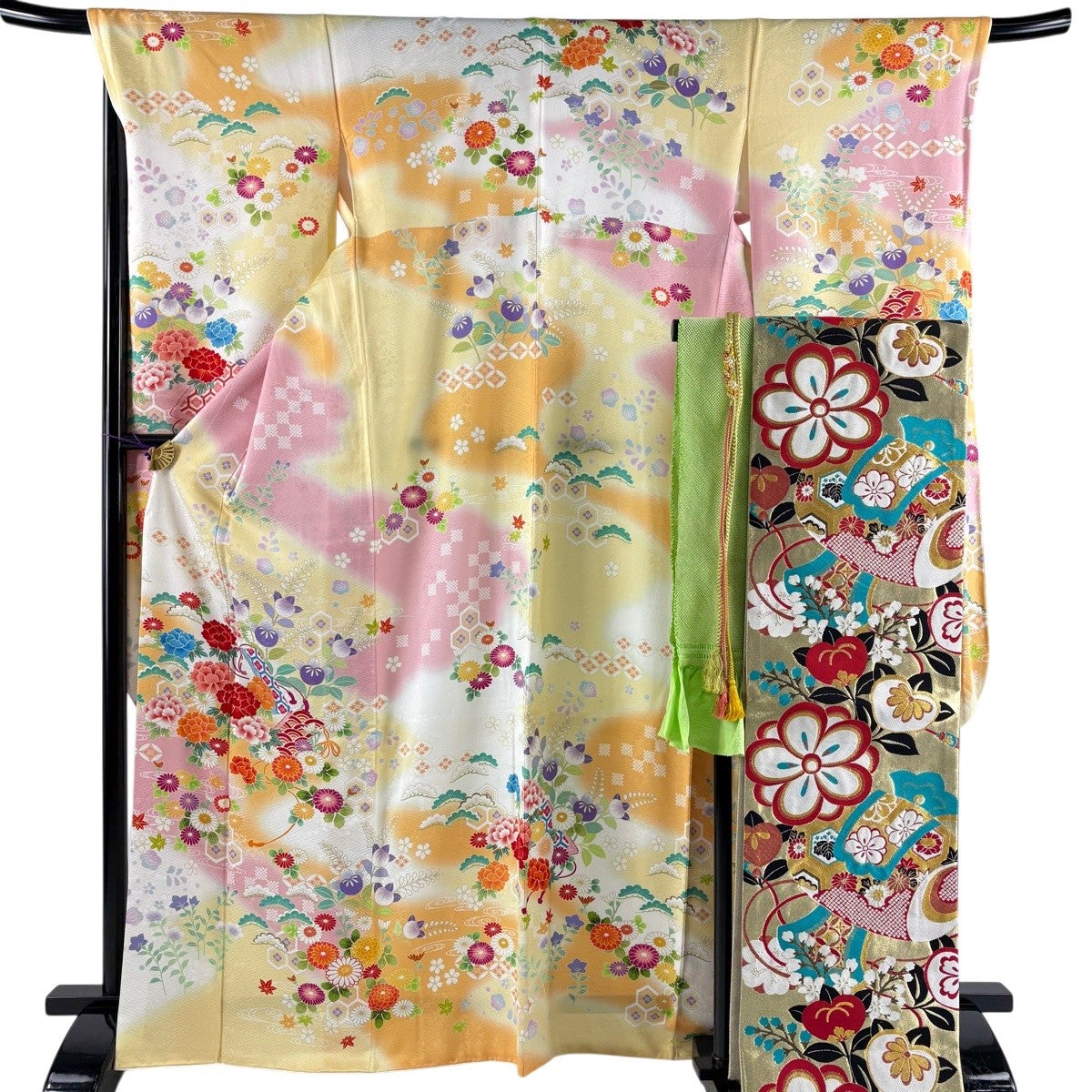 479 振袖フルセット 正絹 青紫 ピンク 金彩 暈し染め 華やか 地紙 立波 美品】 振袖 身丈169cm 裄丈69.5cm L 袷 袋帯フルセット 牡丹 青海波