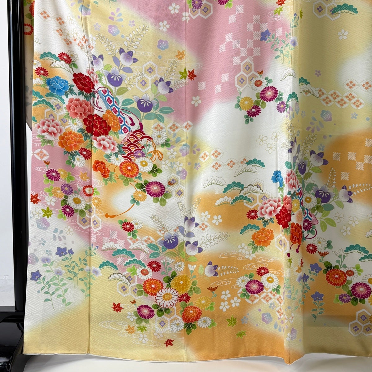 美品】 振袖 身丈169cm 裄丈69.5cm L 袷 袋帯フルセット 牡丹 青海波