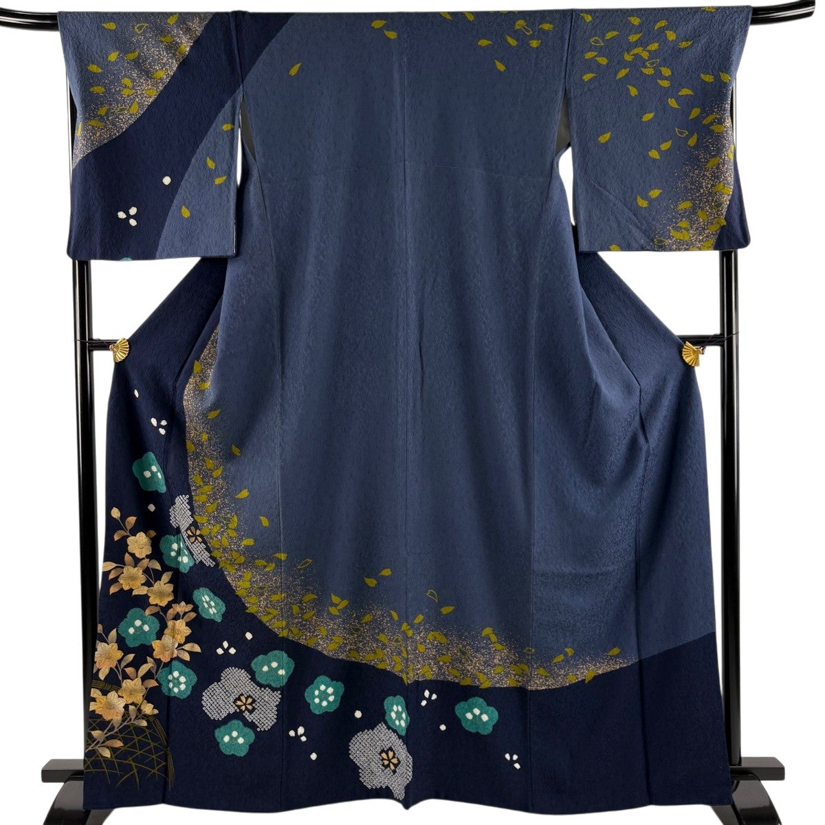 訪問着 身丈164cm 裄丈68.5cm L 袷 梅 草花 金彩 絞り 紺色 正絹 秀品