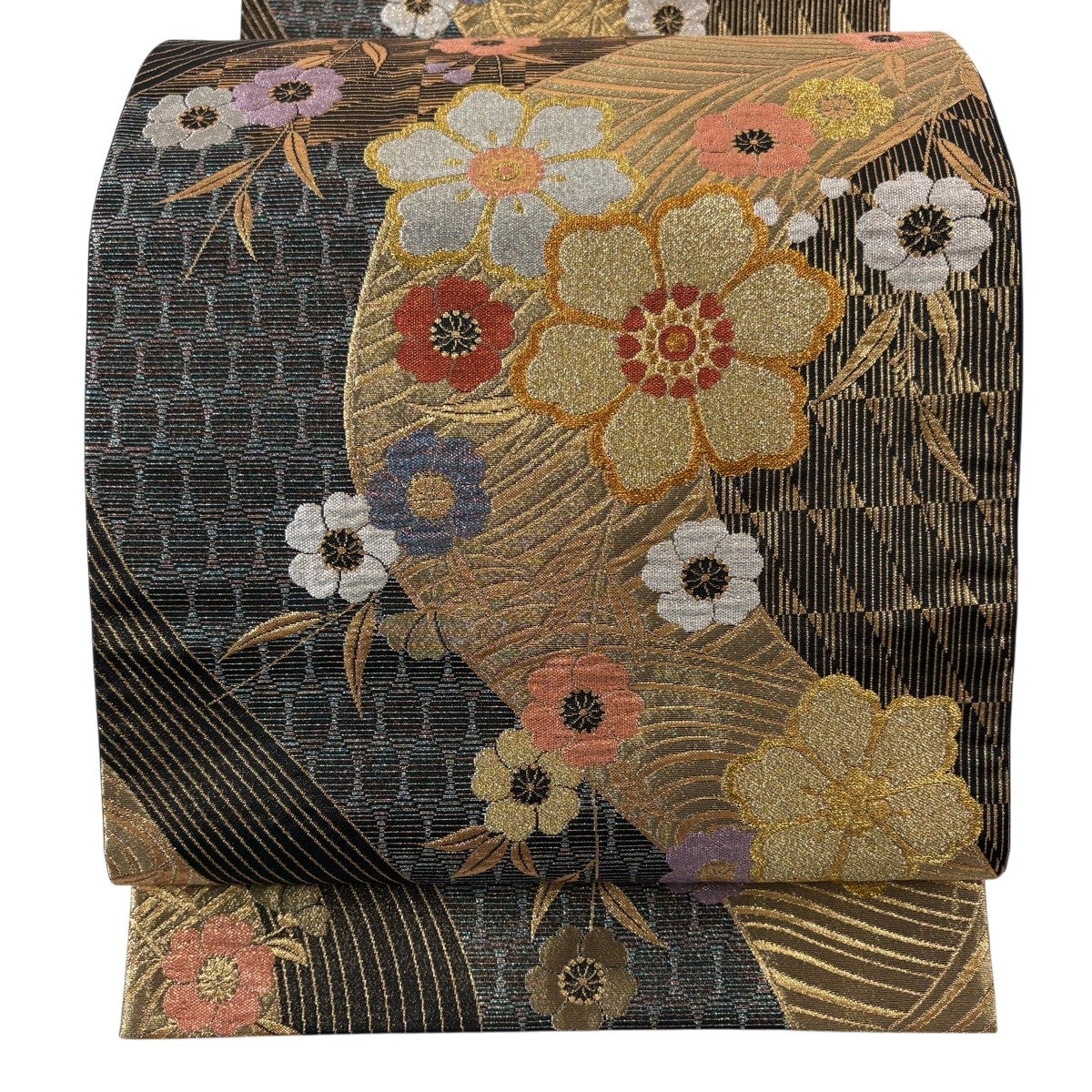 袋帯 秀品 亀甲 桜 金銀彩 箔 黒灰 お太鼓柄 正絹｜中古・古着