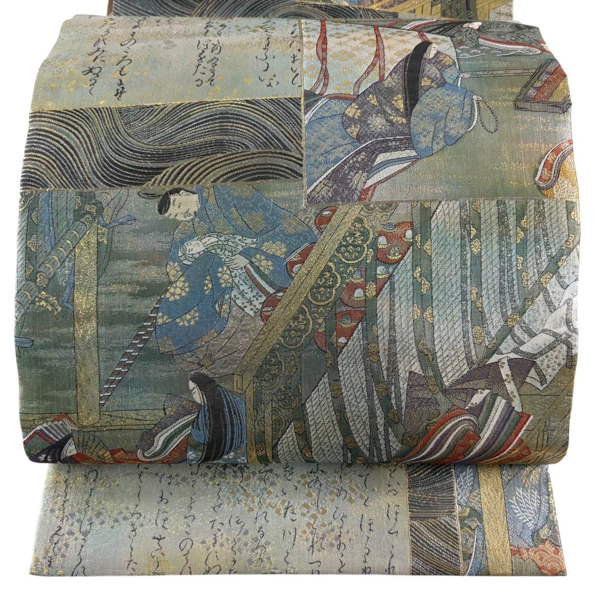 丸帯 美品 名品 正絹 【中古】 美品】 丸帯 名品 平安雅祭礼図 人物 色紙 箔 金色 お太鼓柄 正絹