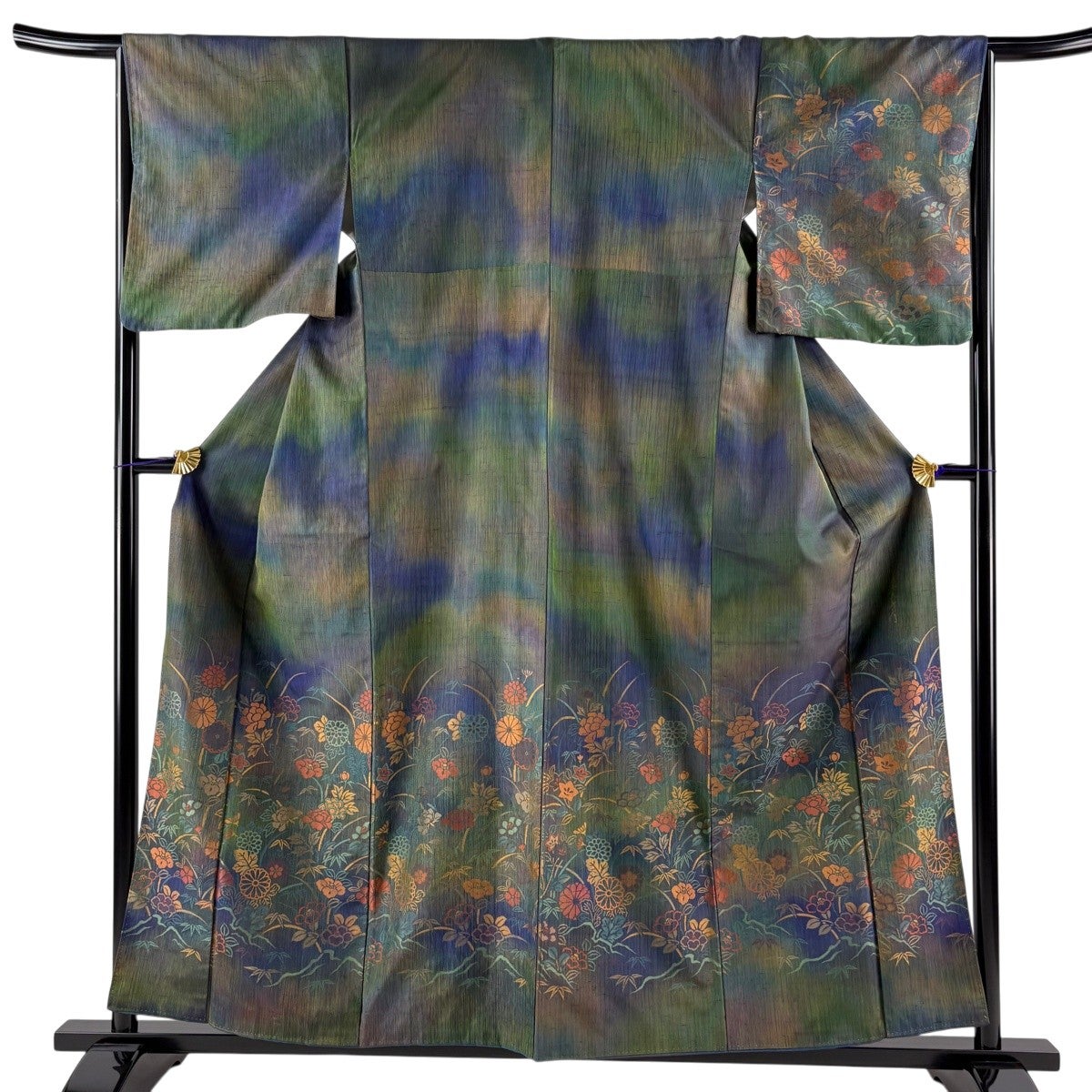 付下げ 身丈165cm 裄丈67cm M 袷 菊 梅 青緑 正絹 秀品｜中古・古着