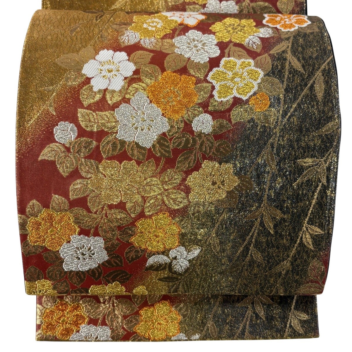 美品】 袋帯 秀品 草花 七宝 金銀糸 箔 墨色 六通 正絹｜中古・古着