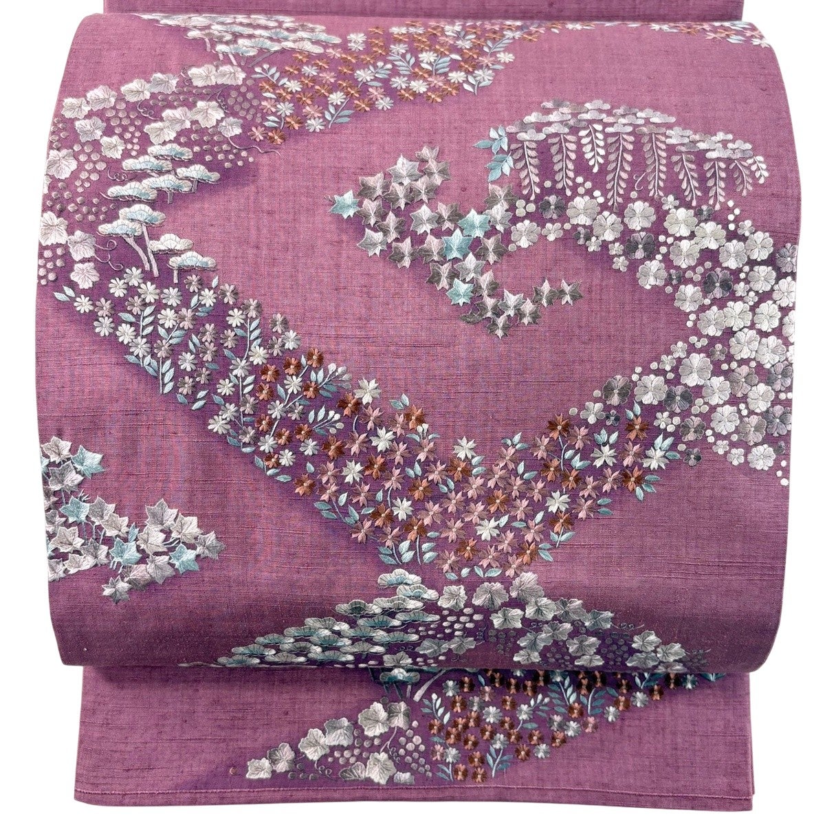 名古屋帯 秀品 紬地 関西仕立て 草花 相良刺繍 紫 正絹｜中古・古着