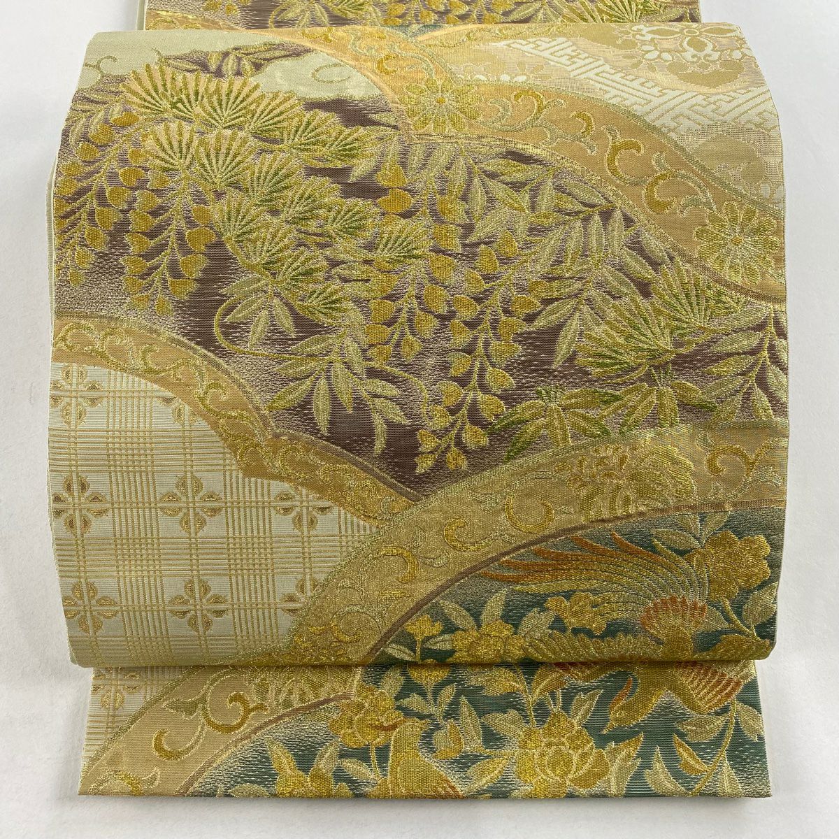 袋帯 逸品 川島織物 落款あり 花鳥 松 金糸 箔 ベージュ 六通 正絹