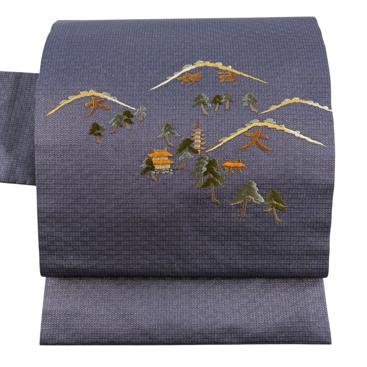 美品】 開き名古屋帯 優品 夏帯 絽 樹木 波頭 金糸 箔 紫 正絹｜中古