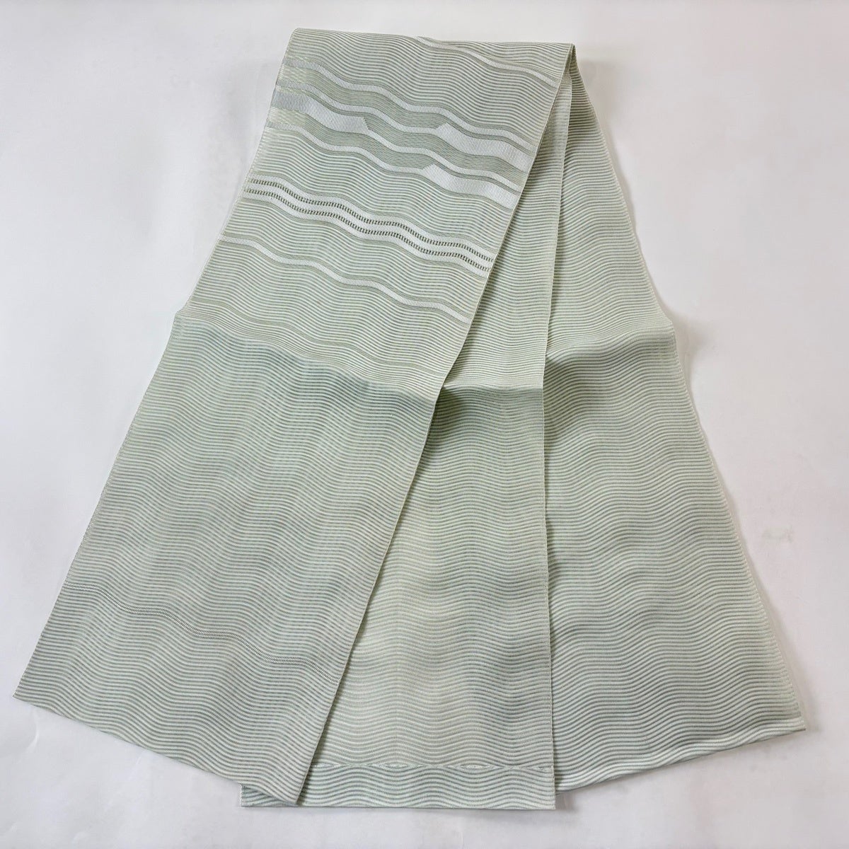 ★専用★未使用品 開き名古屋帯 リバーシブル オフホワイト長さ3m80cm 正絹 名古屋帯 秀品 夏帯 八寸名古屋帯 絽 トンネル仕立て よろけ縞 薄緑