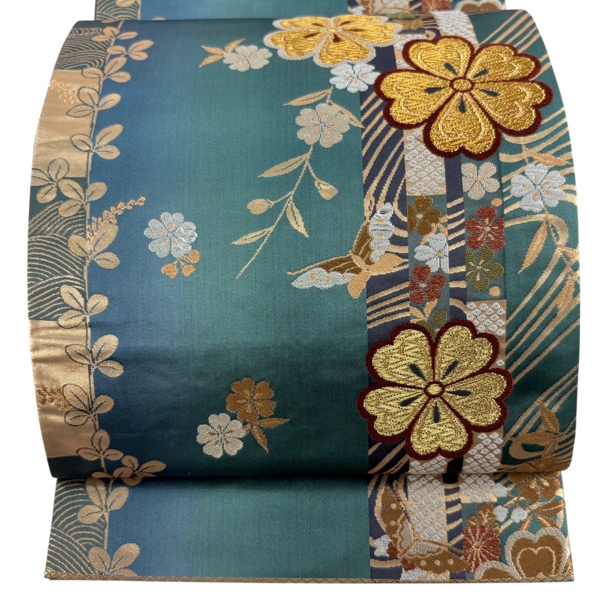 在庫一掃】 袋帯 名品 菱 菊 箔 唐織 青緑 六通 正絹｜中古・古着