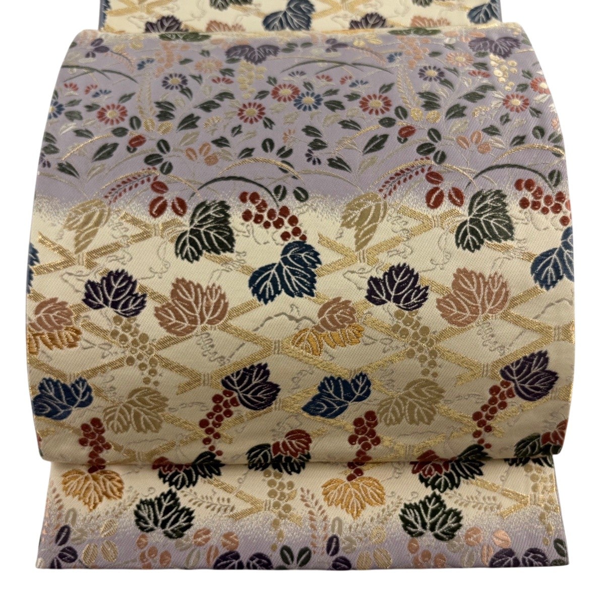 袋帯 秀品 能衣霞に花車文 蝶 唐織 箔 茜色 六通 正絹|中古・古着 袋帯 秀品 能衣霞に花車文 蝶 唐織 箔 茜色 六通 正絹|中古・古着