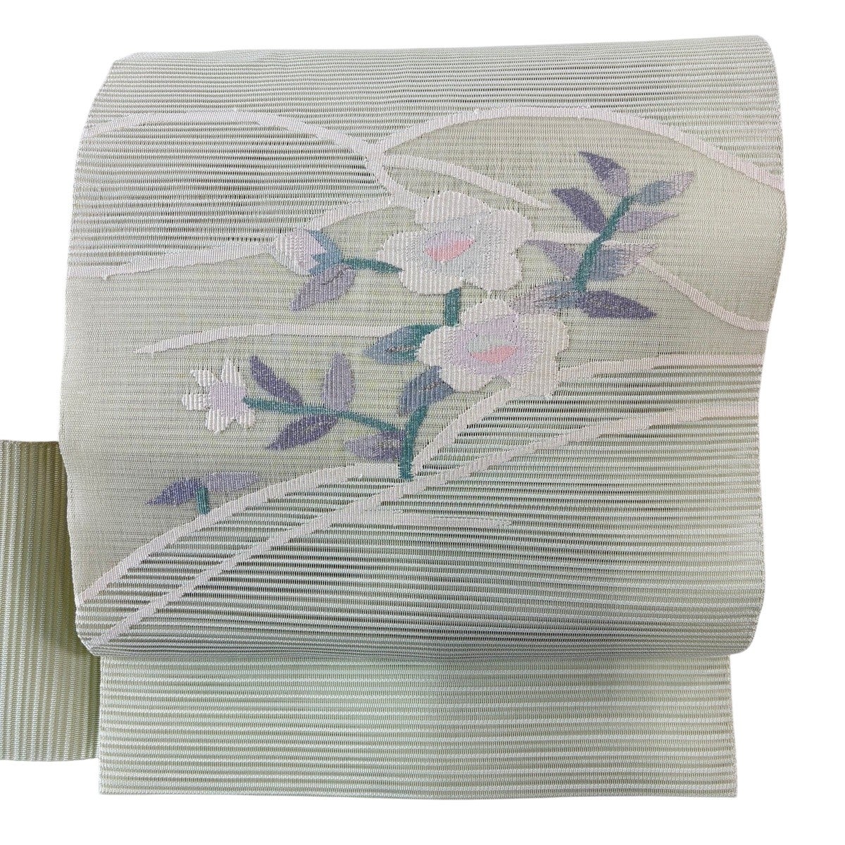 70%OFF 名古屋帯 秀品 夏帯 八寸名古屋帯 絽 草花 銀糸 薄緑 正絹 K70