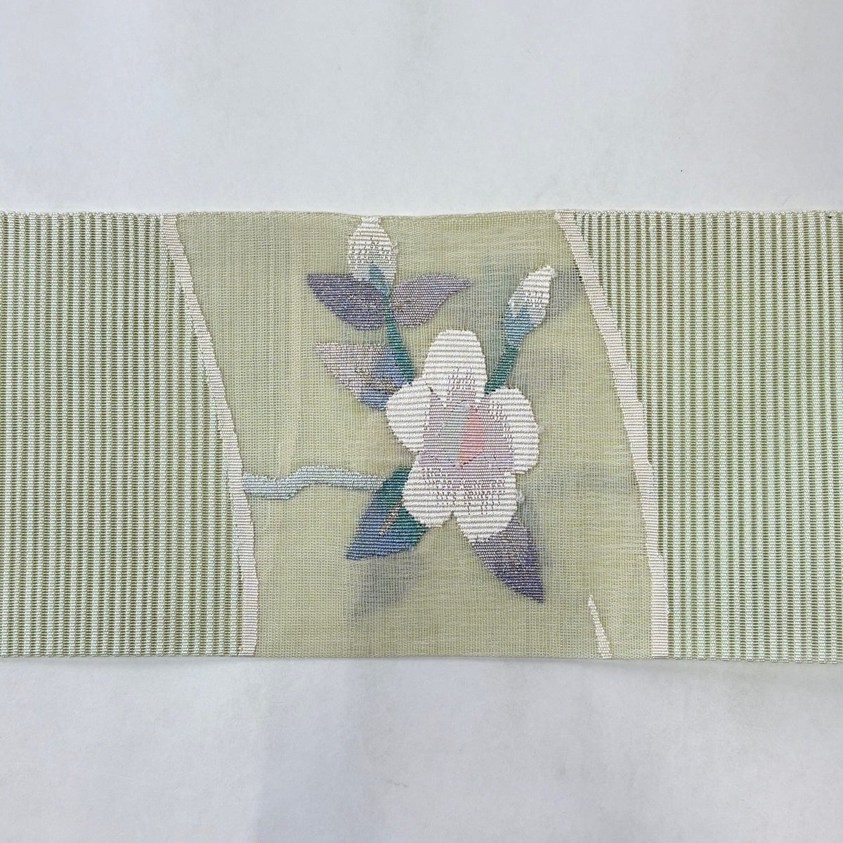 70%OFF 名古屋帯 秀品 夏帯 八寸名古屋帯 絽 草花 銀糸 薄緑 正絹 K70