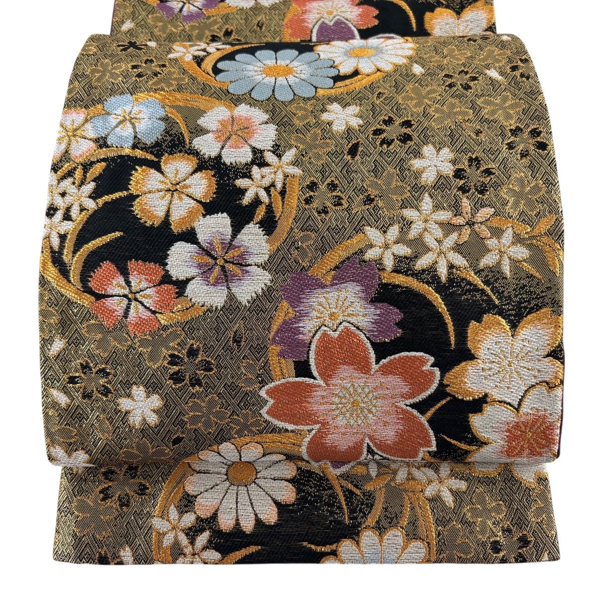 30%OFF 【美品】 袋帯 秀品 花丸文 蝶 唐織 箔 黒 六通 正絹 K30｜中古