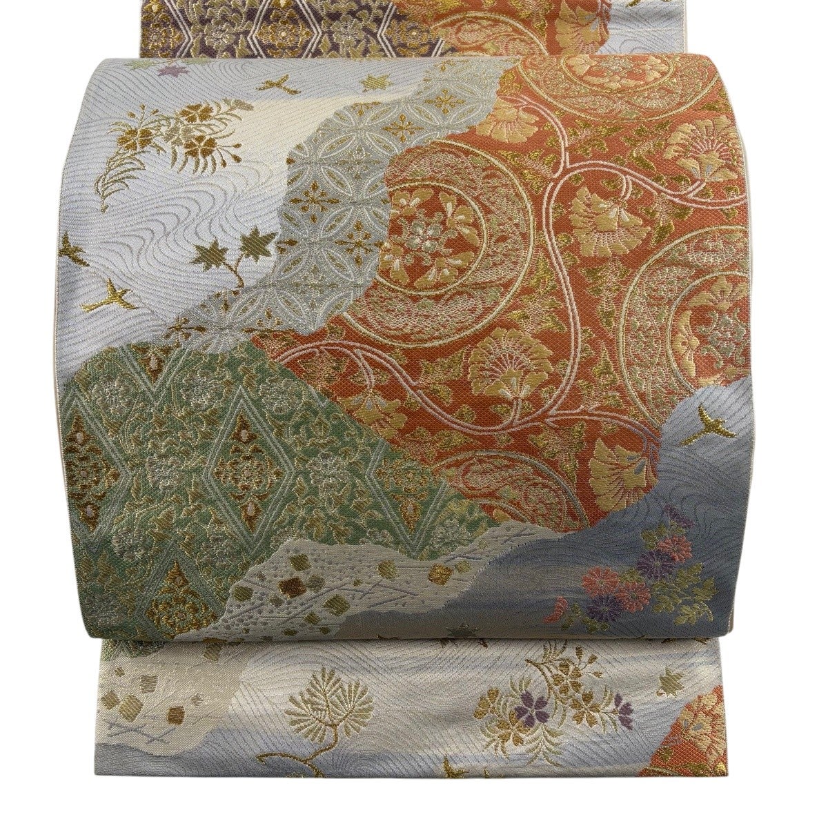 名古屋帯 名品 華文 花唐草 金糸 唐織 灰茶 正絹｜中古・古着