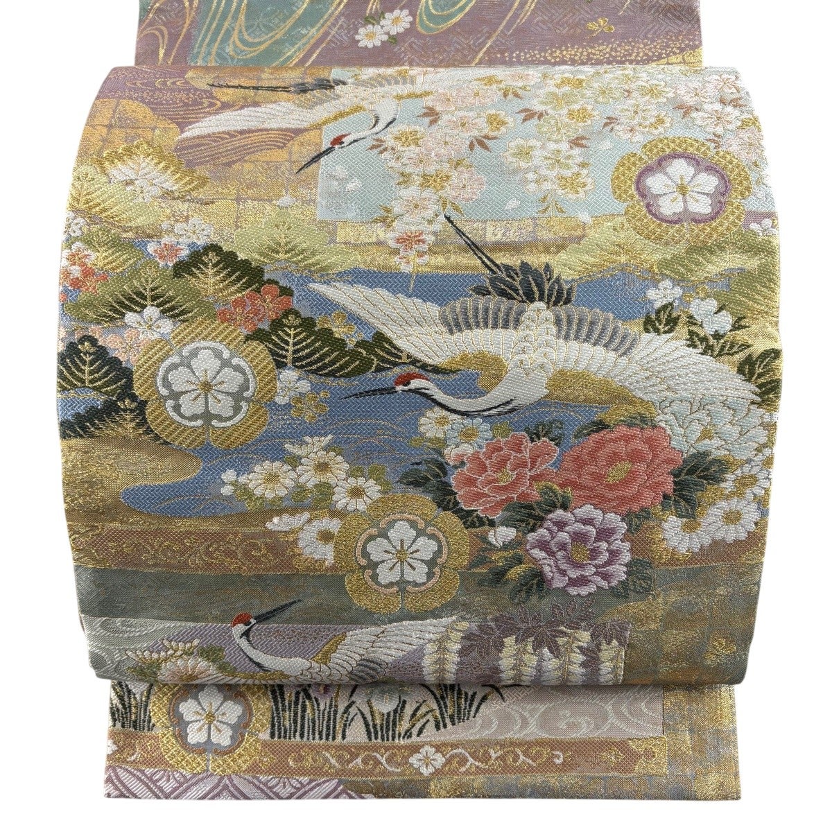 美品】 袋帯 秀品 華文 葡萄唐草 銀糸 箔 金色 お太鼓柄 正絹｜中古