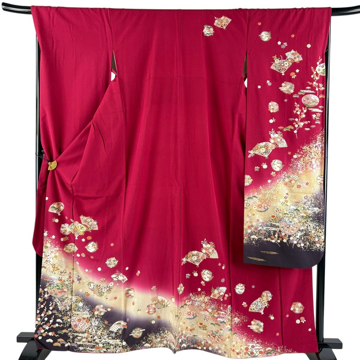 【美品】 振袖 身丈162cm 裄丈68cm 正絹 逸品 【中古】 振袖 身丈162cm 裄丈68.5cm L 袷 扇 花丸文 金糸 金銀彩 濃ピンク 正絹