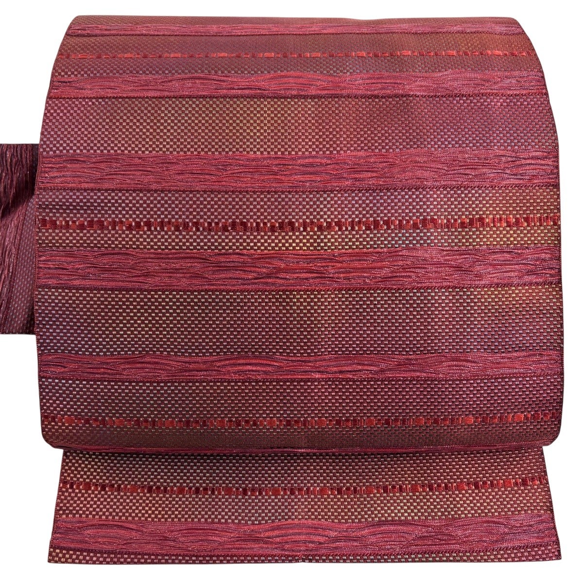 名古屋帯 秀品 正絹 【中古】 30%OFF 名古屋帯 名品 斜縞 幾何学模様 赤茶 正絹 K30｜中古・古着