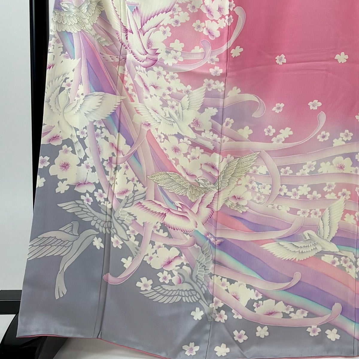 振袖 身丈166cm 裄丈65cm M 袷 花 鳥 金銀彩 ぼかし ピンク 正絹 優品