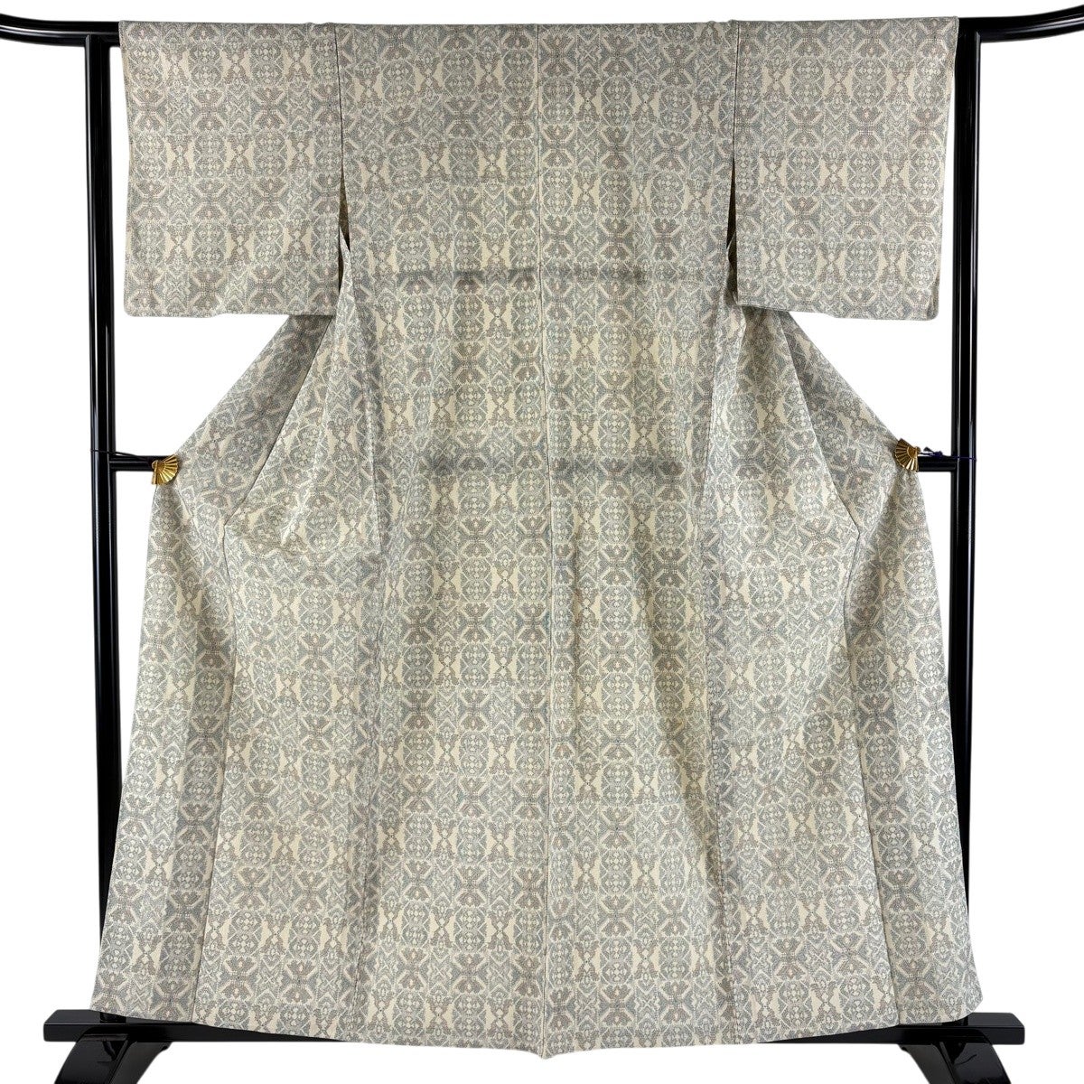 紬 身丈160cm 裄丈62.5cm S 単衣 幾何学模様 ベージュ 正絹 優品｜中古