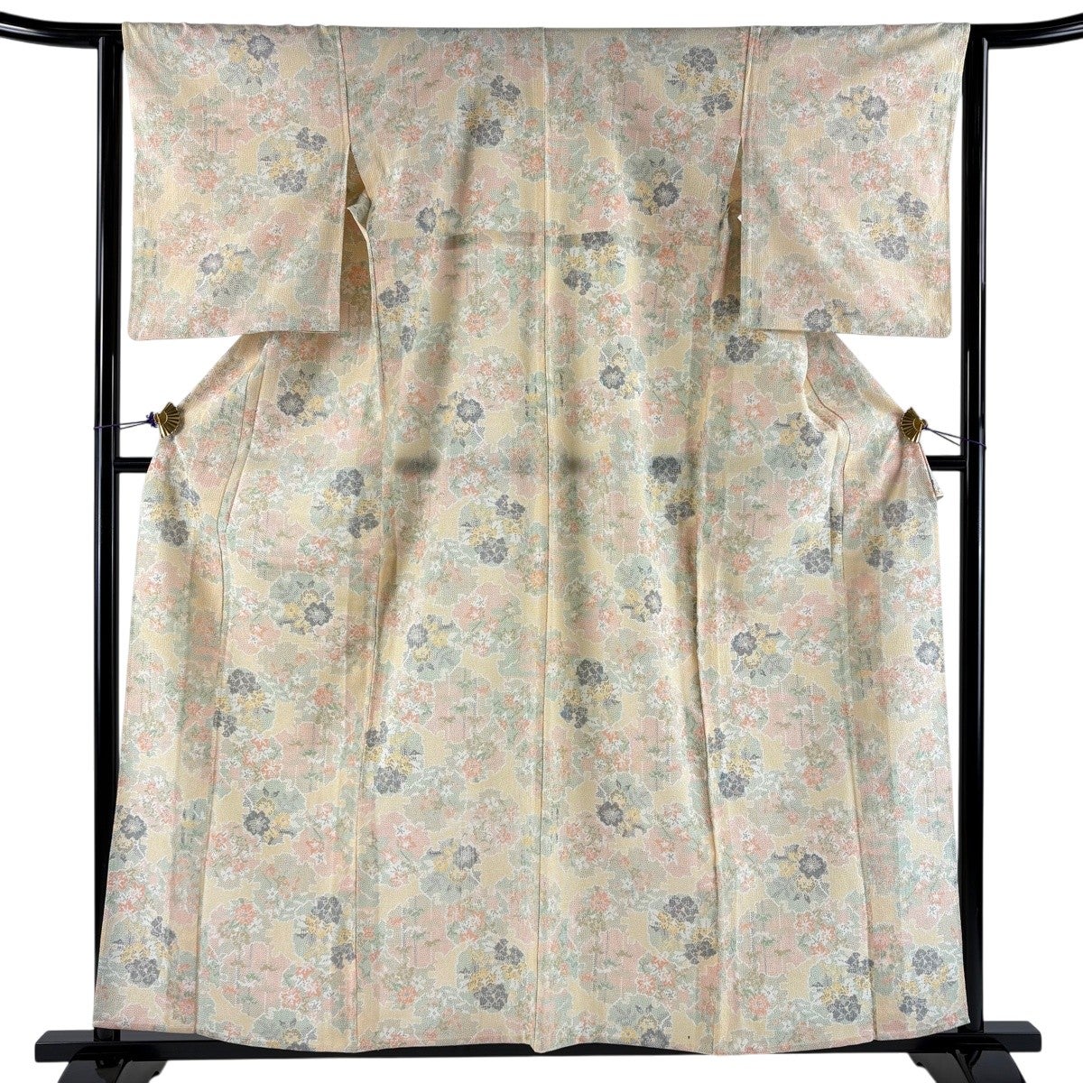 紬 身丈167cm 裄丈66cm M 単衣 雪輪 縞 灰色 正絹 名品｜中古・古着