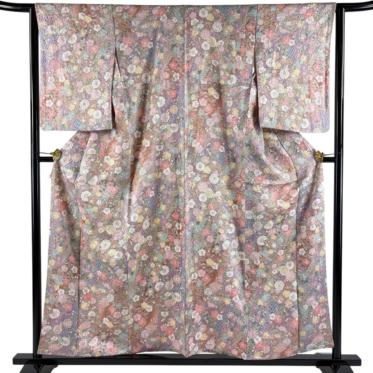 小紋 身丈156cm 裄丈63.5cm S 袷 草花 扇 金彩 紫 正絹 優品｜中古
