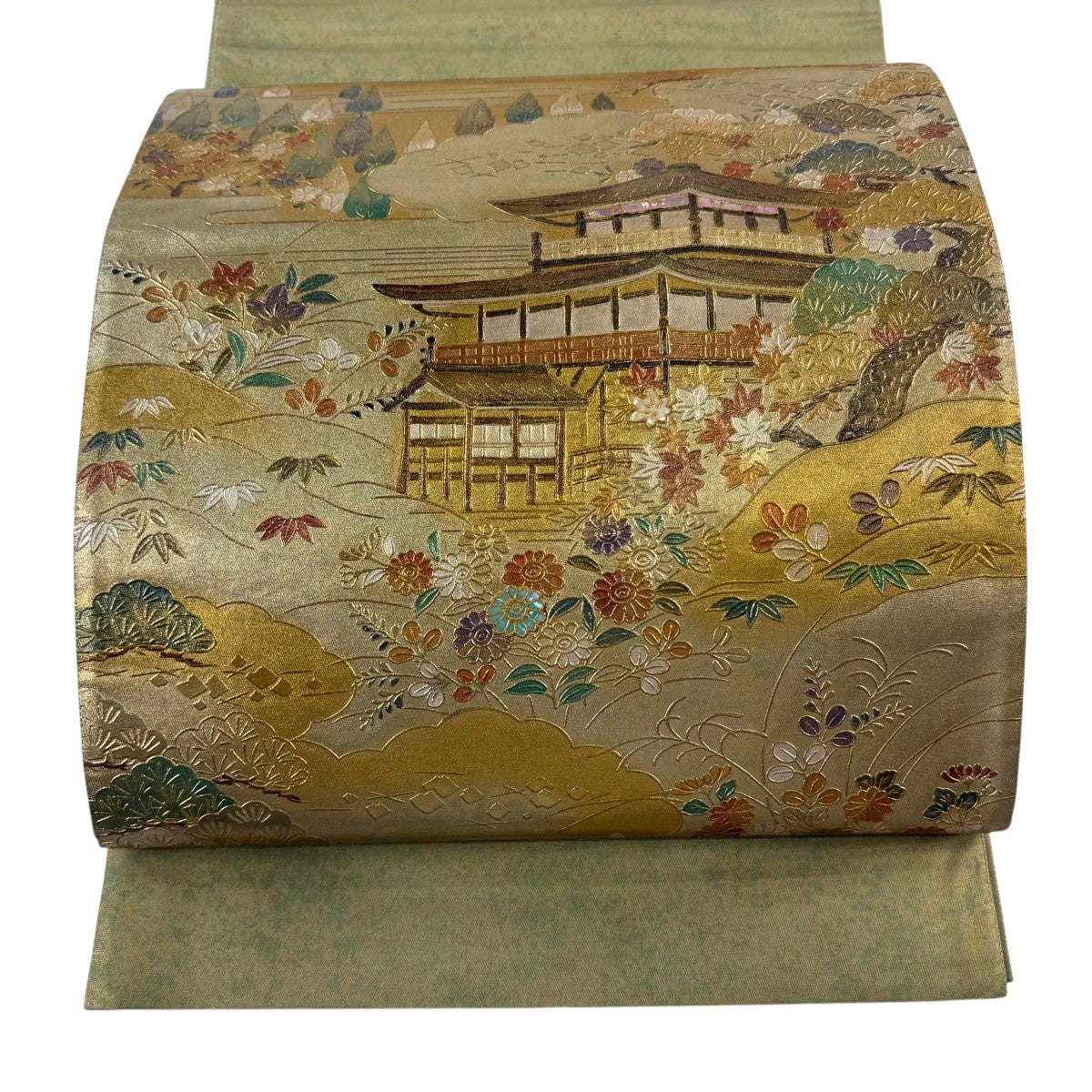 袋帯 名品 落款あり 華文 花唐草 螺鈿 金彩 金色 お太鼓柄 正絹｜中古