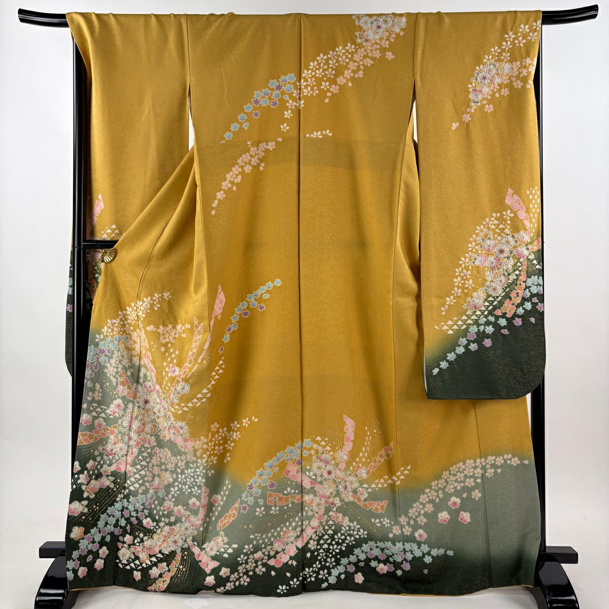訪問着 身丈161cm 裄丈69cm L 袷 落款 桜 菊 染分け ぼかし 灰緑