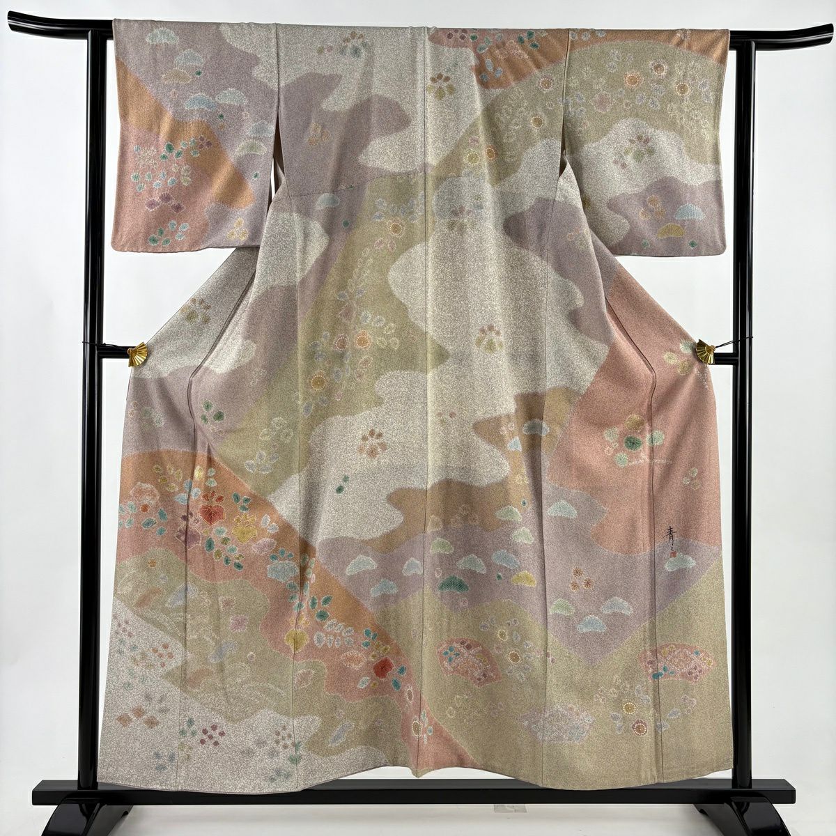美品】 小紋 身丈157cm 裄丈63cm S 袷 松井青々 落款あり 幾何学模様