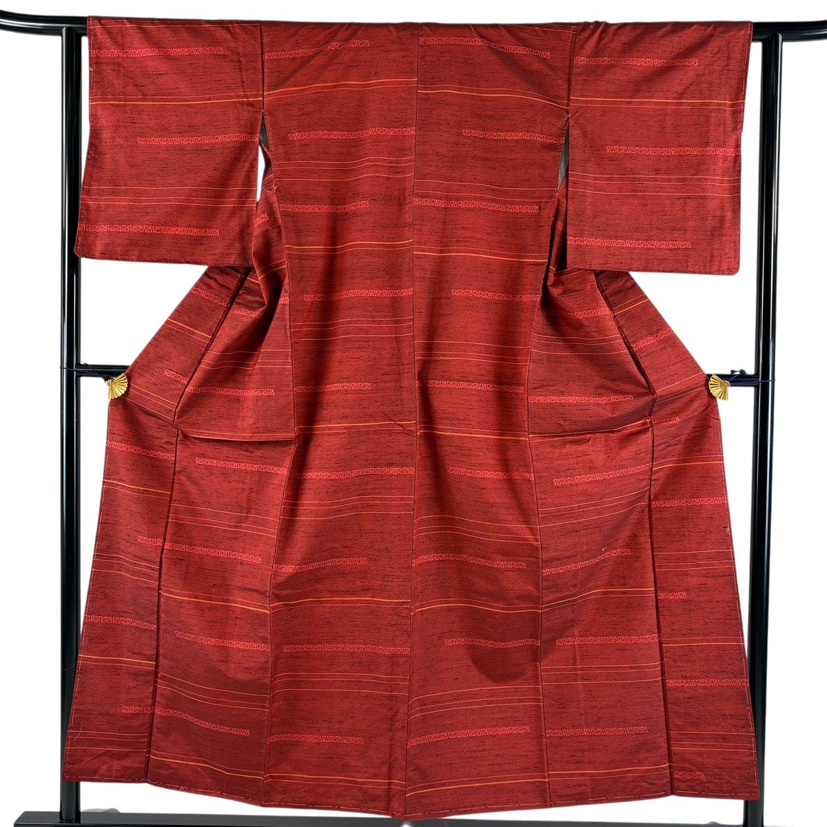 「縁」150ｃｍ～157ｃｍ お茶事 紋意匠 小紋 正絹 Ｕ１２２ 小紋 身丈157cm 裄丈61.5cm S 袷 草花 幾何学 茶色 正絹 優品｜中古
