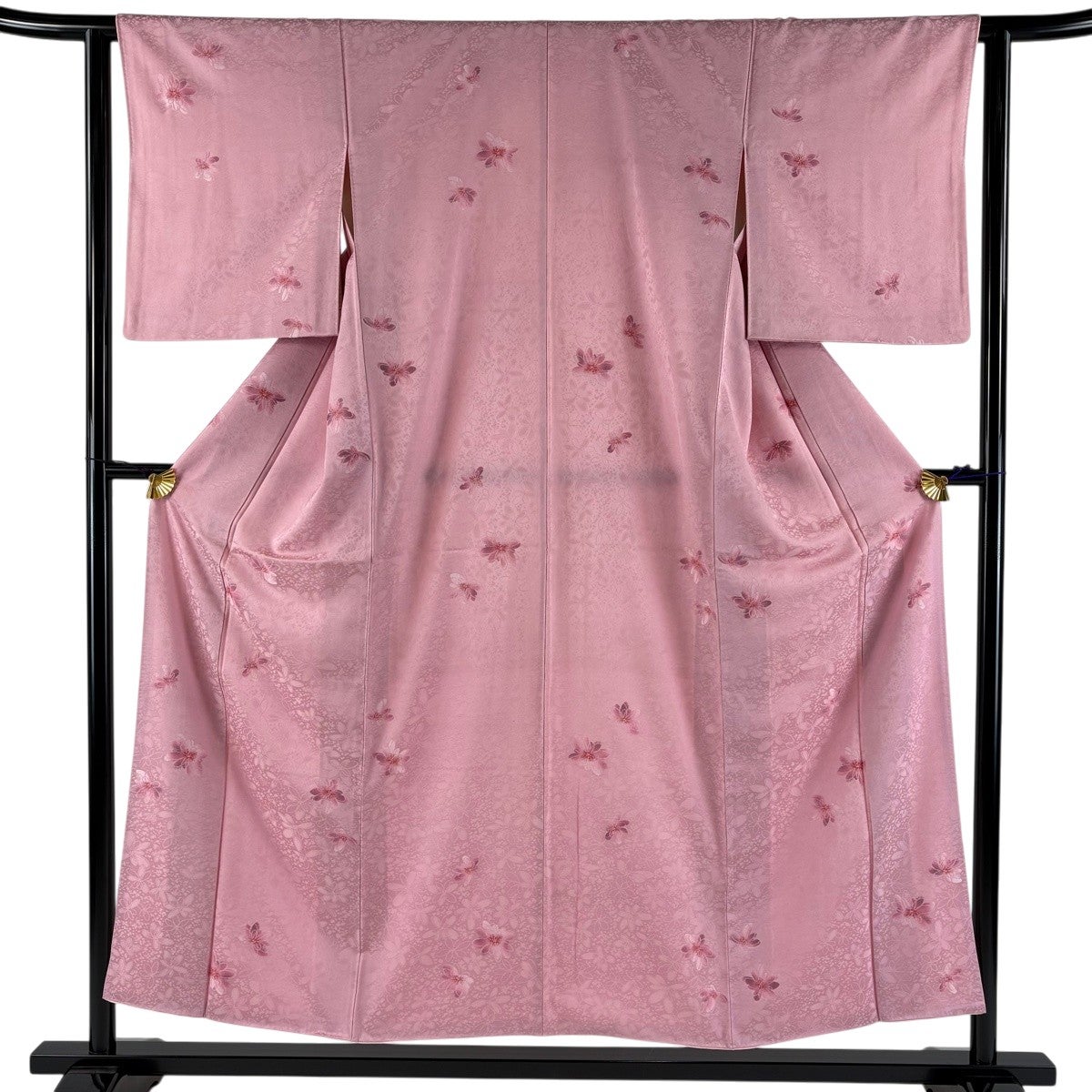 美品】 小紋 身丈157cm 裄丈62.5cm S 袷 落款あり 霞 縮緬 ピンク 正絹