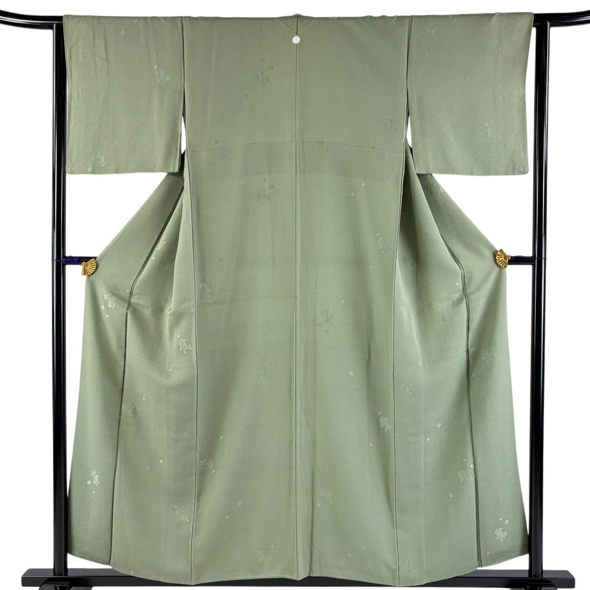美品】 色無地 身丈154cm 裄丈64cm M 袷 地紋 灰緑 正絹 優品 一つ紋