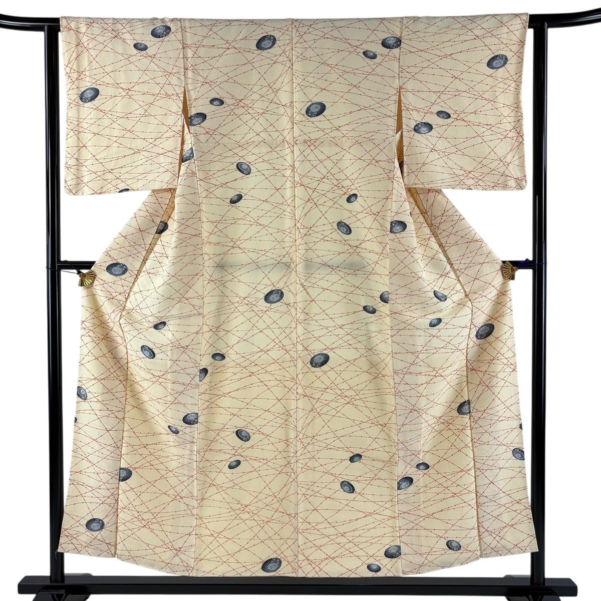 美品】 紬 身丈159cm 裄丈62.5cm S 袷 葉柄 縦縞 濃紺 正絹 秀品｜中古